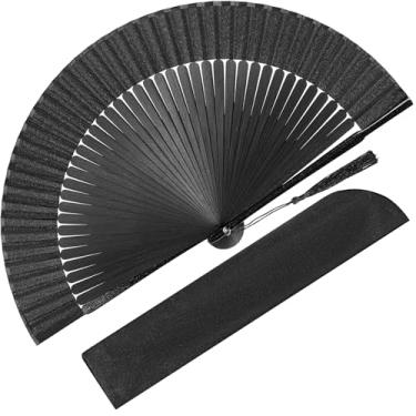 Imagem de BAICFQUK Ventoinhas de mão para mulheres, dobrável, dobrável, leque portátil, chinês, japonês, vintage, bambu, seda, leque dobrável para presente de festival de música de dança (preto)