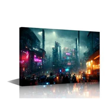 Imagem de Imagens de parede de cozinha para sala de estar cidade futurista pinturas de luzes neon 1 painel arte de parede em tela impressões HD Cyberpunk City arte decoração de madeira emoldurada galeria