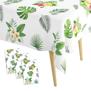 Imagem de 3 peças de toalhas de mesa havaianas luau retangulares 137 x 274 cm de plástico descartáveis folhas de palmeira tropicais toalha de mesa saia de grama capa de mesa primavera verão chá de bebê