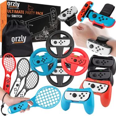 Imagem de Orzly Pacote de acessórios para festa de esportes familiares para Nintendo Switch e Switch OLED Console Games – Switch Wheels, Raquetes de badminton, Punhos de Controlador e Pulseiras Just Dance com Bolsa de Transporte