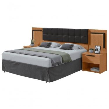 Imagem de Cabeceira Casal 160cm 2 Mesas De Cabeceira Com Led Calitan Amendoa Clean Preto Fosco