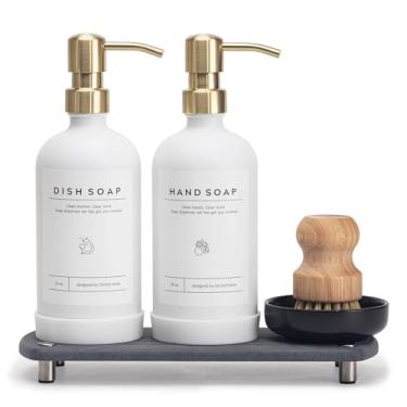 Imagem de Dispensador de sabonete líquido de cozinha – Garrafa Vidro Branco 473 ml, Bomba Aço Inoxidável, Bandeja Secagem Instantânea, Etiquetas impermeáveis, Almofada Silicone Antiderrapante, Escova de louça