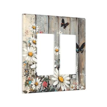 Imagem de Xuejiaku Capas de tomada retrô textura de madeira margaridas flores borboleta 2 gangues capa de interruptor de luz duplo basculante placas de parede elétricas decorativas GFCI capa de soquete para