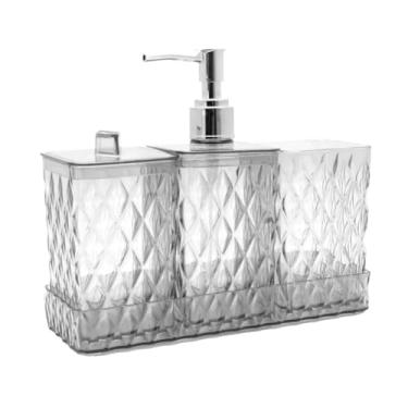 Imagem de " Kit Banheiro Kit Lavabo Glamour 4 peças Organizador de Utensílios de Banheiro e Lavabo Luxo Saboneteira líquida - Saboneteira - Porta Algodão - Porta Escova de Dentes " (Cristal)