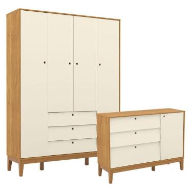 Imagem de Cômoda Sapateira E Guarda Roupa Unique 4 Portas Freijó Off White Eco Wood - Matic