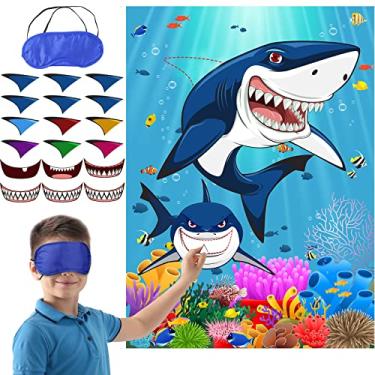 Imagem de Pin The Fin on The Shark Games with 12 Pcs Fins Stickers, 12 Pcs Teeth Stickers, and 2 Pcs Blindfolds for Kids Shark Sea Birthday Party Decoration Baby Shower Activities Supplies