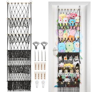 Imagem de iHansee Rede De Armazenamento Para Bichos Pelúcia 5 Camadas, Grande Pelúcias 17 X 61 Pol. Com Luz Led E Clipes Mini Médios, Suporte Parede Brinquedos Macramê Estilo Boho Preto, Exibição Berçário Cri