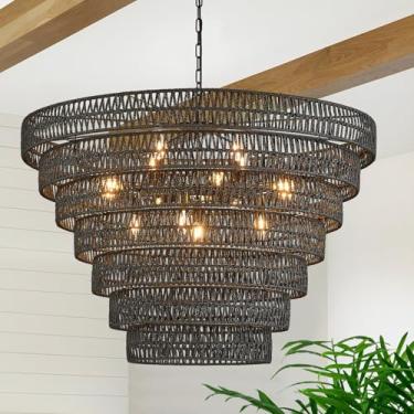 Imagem de Widluth Lustre Vintage De Vime Trançado À Mão, Estilo Fazenda, Com 15 Luzes, Boho, Bambu, Grande, Luminária 7 Níveis, Tambor Para Sala Jantar, Estar E Cozinha, E12