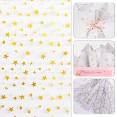 Imagem de Hi Sasara 60 Folhas De Papel Seda Com Estrela Dourada, Para Sacolas Presente, Embrulho Halloween, Natal, Casamento, Aniversário, Artesanato, 14 X 20" (Branco Dourado)