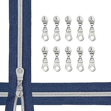 Imagem de zynzaoacs #5 Zíper Por Jarda Com Puxadores, Fita Azul-Marinho Contínua (5 Jardas) E Puxadores Prateados À Prova De Ferrugem (10 Unidades), Zíperes A Granel Para Costura Bolsas Bolsas, Rolo Nylon Cor