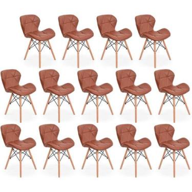 Imagem de Kit 14 Cadeiras de Jantar Charles Eames Slim Wood Estofada - Marrom - 