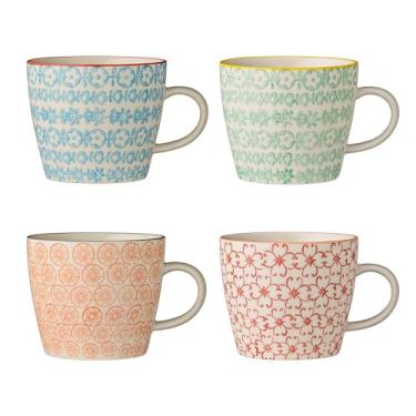 Imagem de Nordring Canecas de café Carla com alça, copos coloridos de 290 ml para café ou chá, grés, conjunto de 4 estilos, decoração de carimbo artesanal
