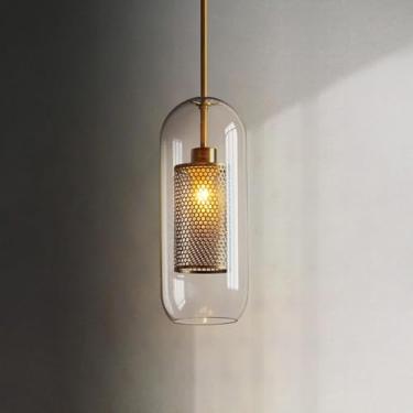 Imagem de Luminária Pendente De Vidro Transparente Cilíndrico, Lâmpada Pendente De Bronze Vintage Estilo Industrial Luminária De Teto Para Quarto, Mesa De Jantar, Café, Cool White, 13cm