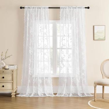 Imagem de Cortinas de renda branca de 300 cm de comprimento, cortinas de renda floral vitoriana para sala de estar, sala de estar, varão, filtro de luz, cortinas para sala de jantar, corredor de vila, decoração