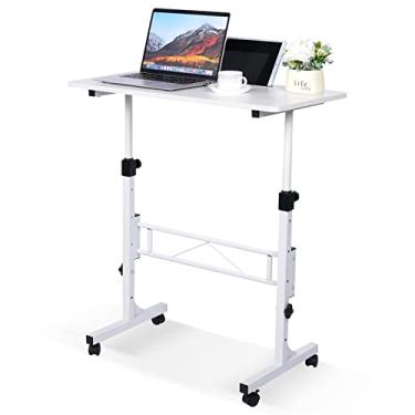 Imagem de KLSMYHOKI Mesa de pé portátil, altura ajustável, computador pequeno, laptop, mesa móvel com rodas, mesa para escritório em casa, 40,6 x 80 cm, altura 68,5-110,5 cm, branca