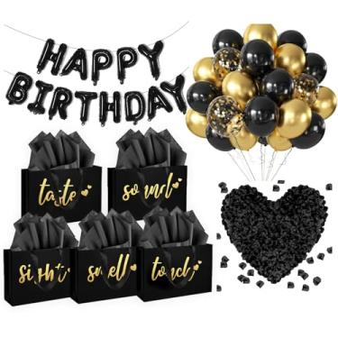 Imagem de YIXAXKAO Sacolas De Presente 5 Senses - Decorações Para Festa Aniversário Com Papel Seda, Pétalas Rosa E Balões Bandeiras Alegres Ele Seu Namorado (Preto Dourado)