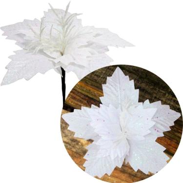 Imagem de Kit 12 Flores Artificial Gliter Branco Enfeite Natalino 25cm
