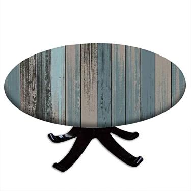 Imagem de Toalha de mesa redonda de prancha de madeira, estampa de textura de prancha de madeira, borda elástica, impermeável e limpável, pano de decoração de mesa, festa de buffet e acampamento, adequada para