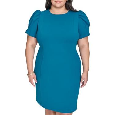 Imagem de DKNY Vestido feminino de manga curta bufante gola joia com zíper exposto na altura do joelho, Vidro azul-petróleo, 58