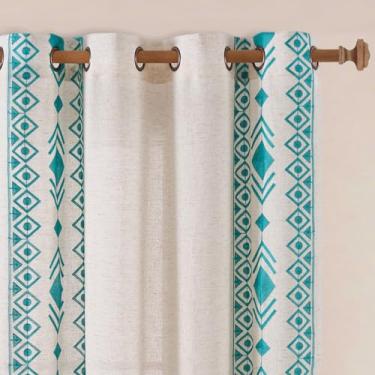 Imagem de Cortinas de linho boho azul-petróleo 153 cm de comprimento, 2 painéis, vintage, geométrico, bordado, cortinas para quarto, casa de fazenda, para sala de estar, turquesa, boêmio, ilhós, drapeado, 2