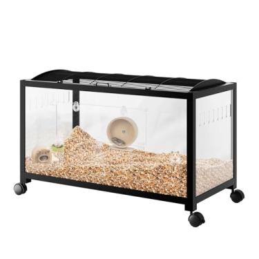 Imagem de GarveeHome Gaiola grande para hamster, gaiolas de gerbil de 3 camadas com roda de corrida, garrafa de água, tigela de comida, rampas, casa de hamster portátil com fundo de vidro profundo de 18 cm para