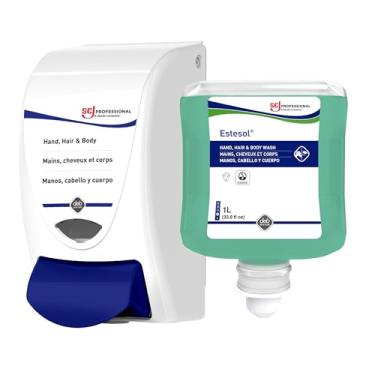 Imagem de SC Johnson Professional Estesol Dispensador de mãos, cabelo e corpo e refil para iniciantes, dispensador de parede para sabonete corporal, 1L Estesol para mãos, cabelo e corpo, apenas para uso