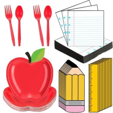 Imagem de Zhehao 150 Pcs Back to School Party Tableware Set First Day of School Apple Paper Plates Paper Towel Pencils Placemats Ruler Napkin Rings For25 Guests Graduation Party Supplies Decorations