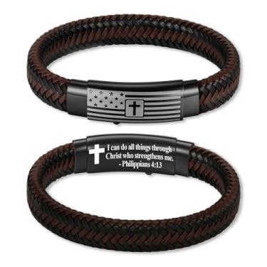 Imagem de KLIFOWDY Pulseira masculina de couro com bandeira americana e versículo bíblico, pulseira cruzada, joia cristã, presente para homens, First Communion, Sem Pedra Preciosa