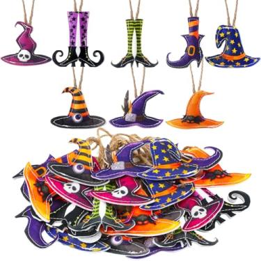 Imagem de Vercraft 24 peças de enfeites de árvore de Halloween chapéu de bruxa de feltro decoração de árvore laranja roxo Halloween enfeites de pendurar para decoração de festa em casa lembrancinhas