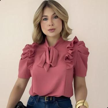 Imagem de Blusa Feminina Social Manga Curta Bufante com Laço e Babados - G-Store