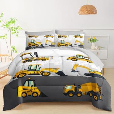 Imagem de QOOMO Conjunto de edredom infantil de construção, tamanho solteiro, para meninos e meninas, branco, cinza, caminhão, carros, decoração de quarto, escavadeira, trator, colcha com edredom, lençóis e