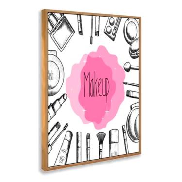 Imagem de Quadro Decorativo Makeup Rosa Ilustrado Produtos de Maquiagem Delicado Feminino Beleza Criativa Fashion Com Moldura