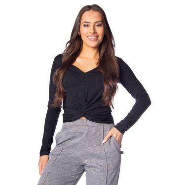 Imagem de Blusa Cropped Feminina Olho Fatal com Brilho e Torção Preto-Feminino