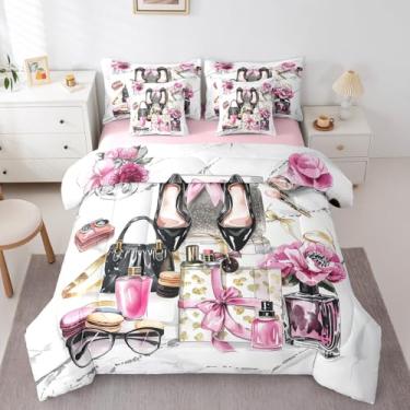 Imagem de Erosebridal Jogo de cama de solteiro, rosa, fofo, floral, feminino, coquete, revista, prata, salto alto, feminino, 7 peças, decoração de quarto romântico, fantasia romântica