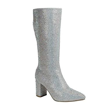 Imagem de ABSOLEX Botas femininas de bico fino com strass e salto médio na altura do joelho, Prata, 5.5