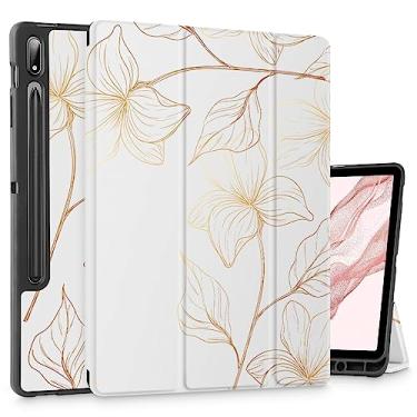 Imagem de Mektron Capa para tablet Samsung Tab S9 Plus 12,4 polegadas modelo X810/X816B/X818U, capa rígida fosca com função despertar/hibernar automática, suporte multi-ângulo para Galaxy S9 Plus, flor dourada S718