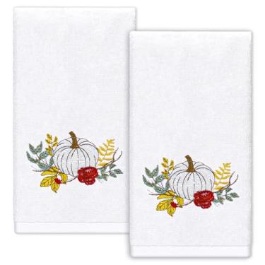 Imagem de Whaline Toalhas de mão de outono aquarela branca abóbora algodão bordado toalha de banho outono dia de ação de graças toalha de banho absorvente para secagem de mãos limpeza cozinhar, 75 x 35