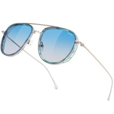 Imagem de BIRCEN Óculos de sol polarizados acetato para mulheres: óculos de sol de proteção UV - Óculos de sol aviador com armação vintage para férias na praia, Azul dégradé, G