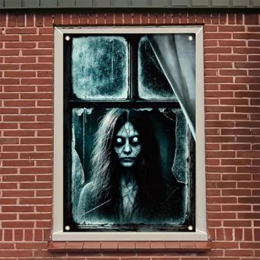 Imagem de Saoplasa Capa de janela de Halloween 118 x 78 cm pôster de menina fantasma assustador adesivo de janela de terror decoração de casa assombrada decalque de olhos azuis assustadores com design de vidro
