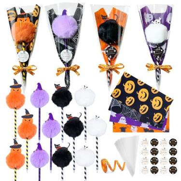 Imagem de Pacote com 16 canetas esferográficas fofas de abóbora fantasma com adesivos, sacos de petiscos, lembrancinhas de festa assustadoras, prêmios de sala de aula, presente de doces ou travessuras