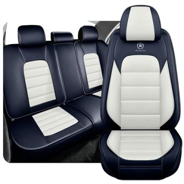 Imagem de KNCY Adequado para 98% das capas de assento de carro BMW, cobertura completa de couro Napa, saída de airbag de reserva (azul e branco, conjunto completo)