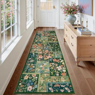 Imagem de Uphome Tapete Boho para corredores, tapetes verdes laváveis 6 x 20 cm para quarto, tapete floral macio antiderrapante para lavanderia, corredor de piso de insetos para entrada de cozinha
