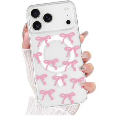 Imagem de AuroiCCY Capa magnética para iPhone, [compatível com MagSafe] Linda estampa de fita de laço transparente estética antiarranhões à prova de choque capa protetora para celular (rosa, para iPhone Pro)