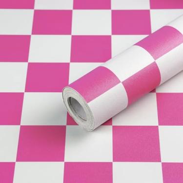 Imagem de CAX Papel de parede quadriculado descascar e colar papel de parede quadriculado rosa choque 43,9 cm x 762 cm Mosaico de contato rolo de vinil autoadesivo moderno papel de parede quadriculado