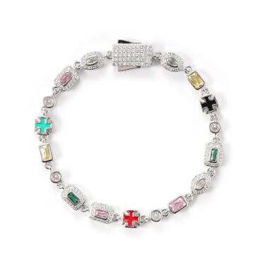 Imagem de Lulu Mel Pulseira de cruz de zircônia colorida de 6 mm, corrente de tênis banhada a ouro, pulseira de diamante geométrico, joia moderna para mulheres e homens, 7 Inches, Zircônia cúbica, Zircônia