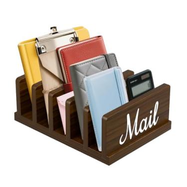 Imagem de KISENG Organizador de correio para mesa, suporte de correio de madeira com divisória, suporte de arquivo classificador de cartas de 5 compartimentos, organizador de notas vertical para documentos