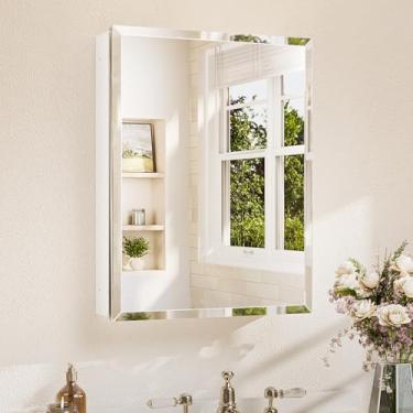 Imagem de TETOTE Espelho de banheiro de 50 x 66 cm com armazenamento com espelho chanfrado temperado armário de remédios branco armário de remédios dobradiças DTC, prateleiras ajustáveis contínuas, embutidas