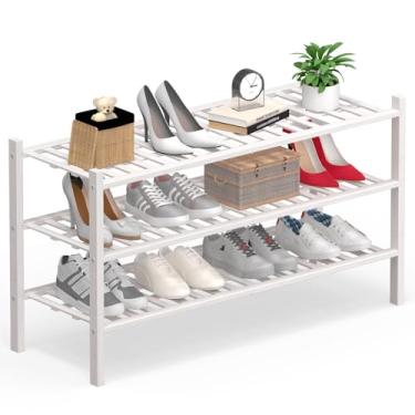 Imagem de Haddockway Organizador de armazenamento de sapatos de bambu longo de 3 níveis, prateleira empilhável multifuncional com painel de grade para armário, corredor, entrada, espaço pequeno 86,9 x 28 x 50,8