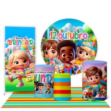 Imagem de Trio Capas Cilindro + Painel Redondo 1,50m + Lateral Romano e Tapete Dia das Crianças (K3CRI0002)