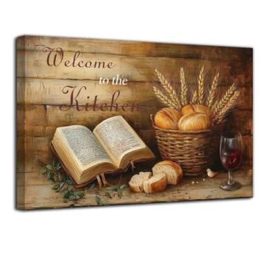 Imagem de LZIMU Arte de parede de pão imagens de cozinha impressões em tela cristãs rústicas pinturas de comida marrom fazenda versículo da bíblia sagrada pintura copo de vinho tinto decoração vintage para sala